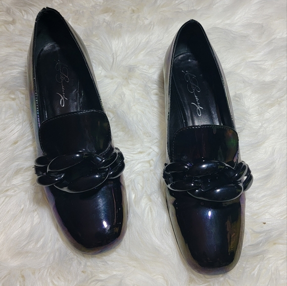 Diana Broussard Patent Leather Oil Slick Black Oversized Chain Loafer Fl… - Picture 2 of 7